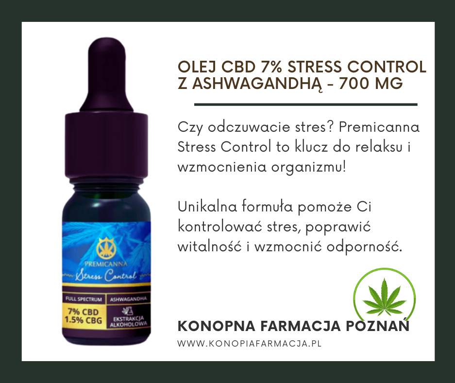 Butelka olejku CBD 7% Stress Control z Ashwagandhą marki Premicanna, z pipetą, na minimalistycznym tle w kolorze khaki, obok tekst informacyjny o właściwościach relaksacyjnych i wzmacniających...
