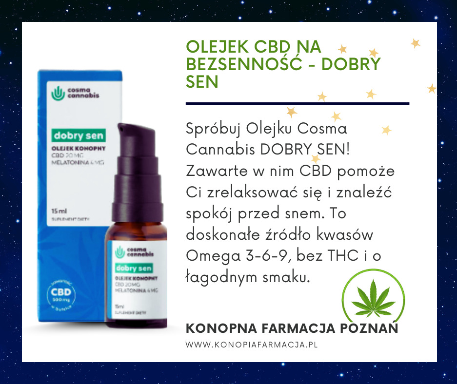 Olejek konopny Cosma Cannabis w brązowej butelce z pompką, obok opakowanie z napisem 'dobry sen', na tle grafiki z napisem o właściwościach olejku i logo Konopna Farmacja Poznań.