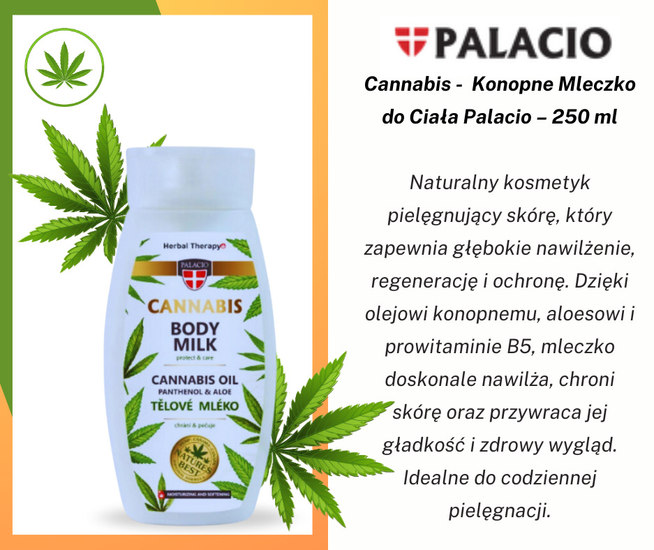 Biała butelka mleczka do ciała Cannabis Konopne Mleczko Palacio 250 ml, z liśćmi konopi w tle, prezentowana na białym tle z kolorową ramką.