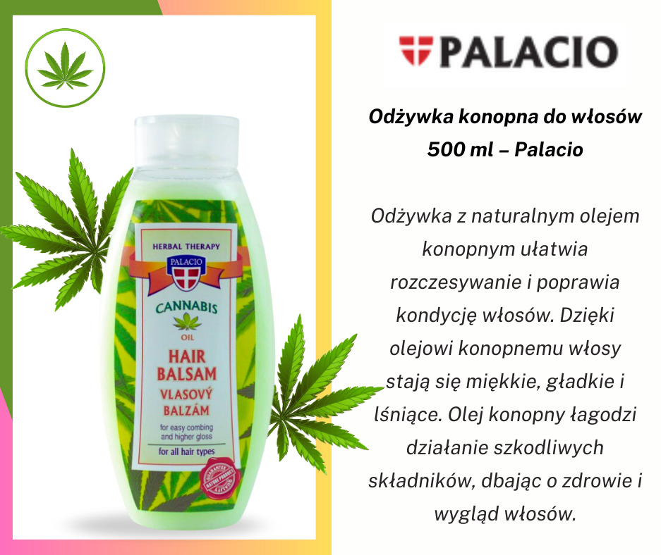 Butelka konopnej odżywki do włosów Palacio z liśćmi konopi w tle, na białym tle z kolorowymi ramkami.