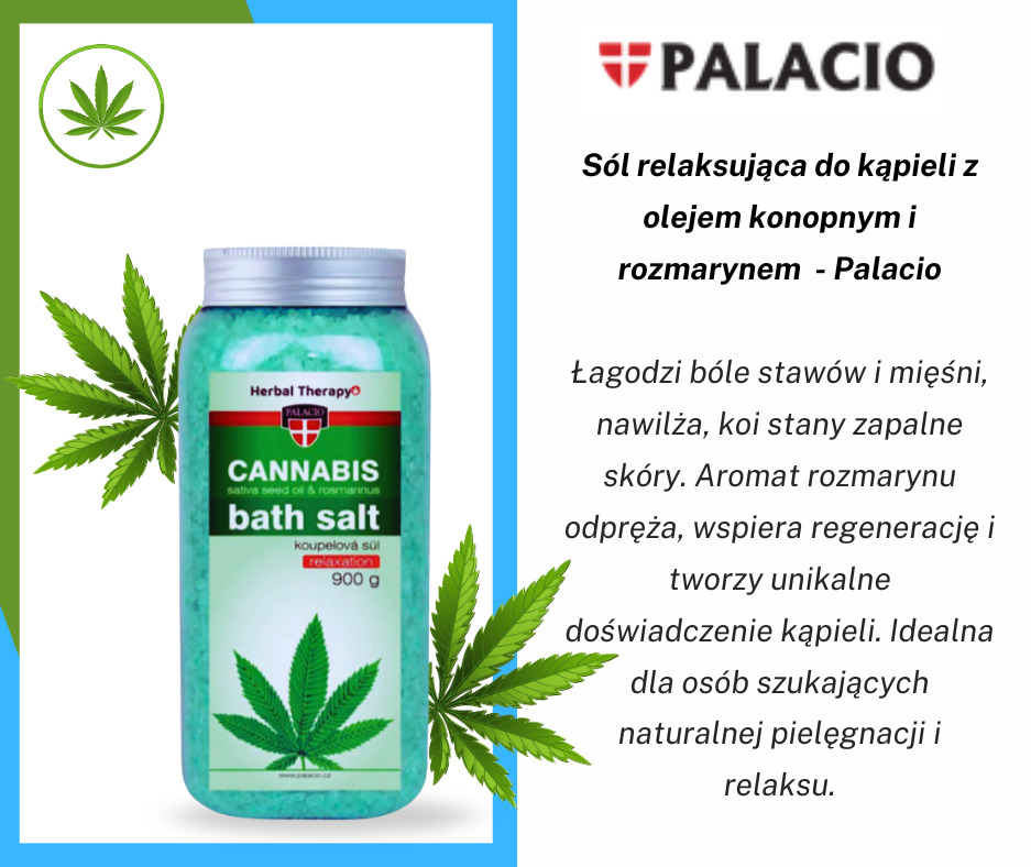 Słoik z turkusową solą do kąpieli Palacio z olejem konopnym i rozmarynem, z grafiką liścia konopi, na białym tle z niebieską ramką.