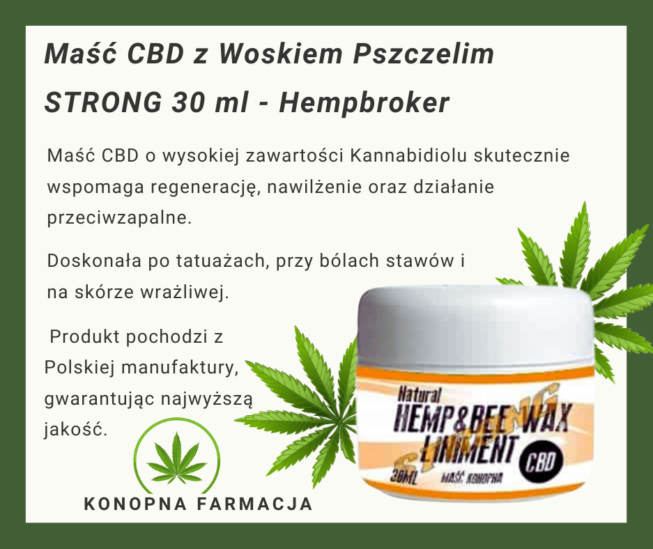 Grafika reklamowa maści konopnej CBD z woskiem pszczelim w słoiczku, na tle liści konopi i tekstu informacyjnego o właściwościach produktu.