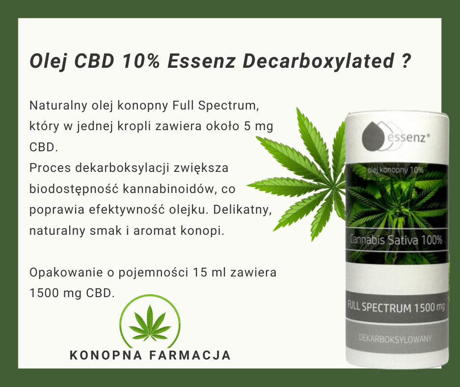 Grafika reklamowa oleju CBD 10% Essenz Decarboxylated z liściem konopi i butelką produktu na kremowym tle z zielonym obramowaniem, podkreślająca naturalne właściwości i pełne spektrum fitozwiązków.