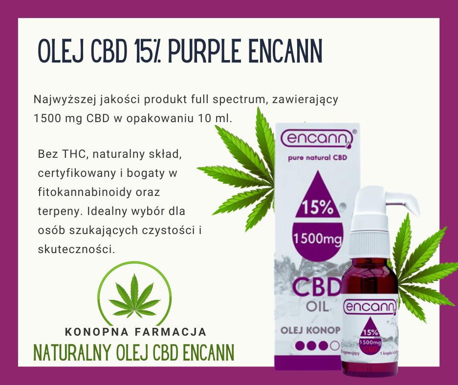 Olejek CBD 15% marki Encann na tle opakowania i listków konopi, prezentowany na fioletowym tle.