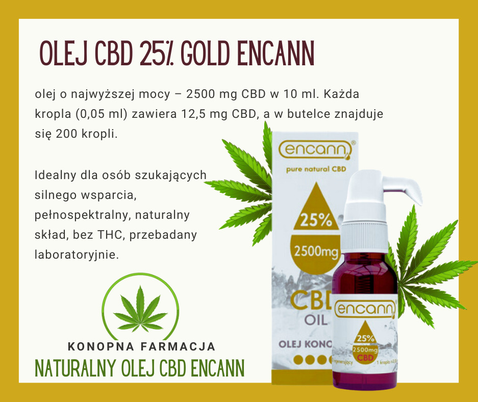 Butelka 25% oleju CBD Gold Encann z dozownikiem na tle pudełka i grafiki liści konopi, prezentacja produktu.