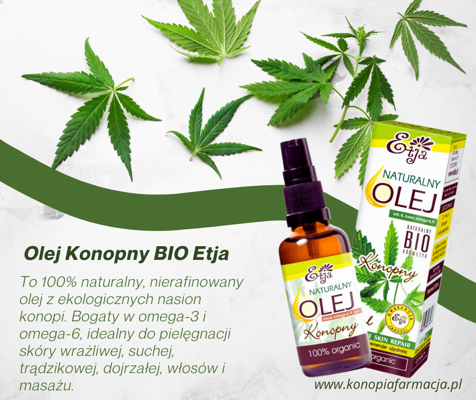 Olej Konopny BIO Etja w butelce z atomizerem i kartonowym opakowaniu, otoczony świeżymi liśćmi konopi na jasnym tle. Produkt dostępny w Poznaniu.