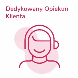 Ikona przedstawiająca dedykowanego opiekuna klienta z uśmiechem i słuchawkami, w odcieniach r&oacute;żu na białym tle.