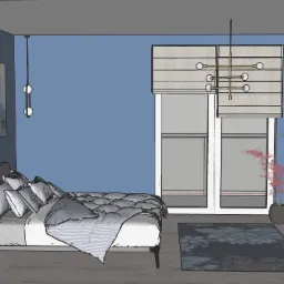 Wizualizacja sypialni w odcieniach szarości i błękitu z łóżkiem z pikowanym zagłówkiem, nocnym stolikiem, lampami wiszącymi i dużym oknem z roletami rzymskimi.