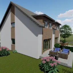 Wizualizacja 3D nowoczesnego domu jednorodzinnego z białymi ścianami i elementami drewnianej elewacji, tarasem z meblami ogrodowymi w kolorze brązu z niebieskimi poduszkami, otoczonego zielonym...