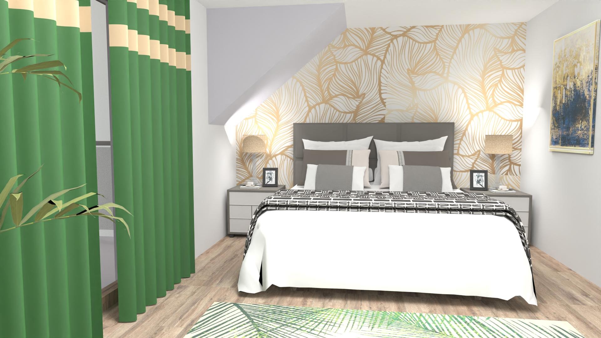 Nowoczesna sypialnia z tapetą w złote liście, szarą ramą łóżka, białymi zasłonami z zielonym akcentem i dywanem w motywy roślinne.