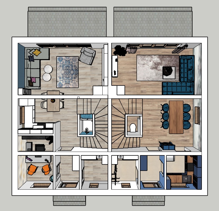 Widok z góry na przekrój dwupiętrowego domu z meblami i schodami, prezentujący plan funkcjonalny z dwoma salonami, dwiema łazienkami, dwiema jadalniami, dwoma biurami i schodami spiralnymi.