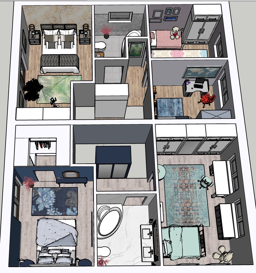 Rzut 3D dwupoziomowego domu z widokiem z góry, ukazujący sypialnie, łazienki, garderoby i biuro, z różnymi stylami wystroju wnętrz w każdym pomieszczeniu.