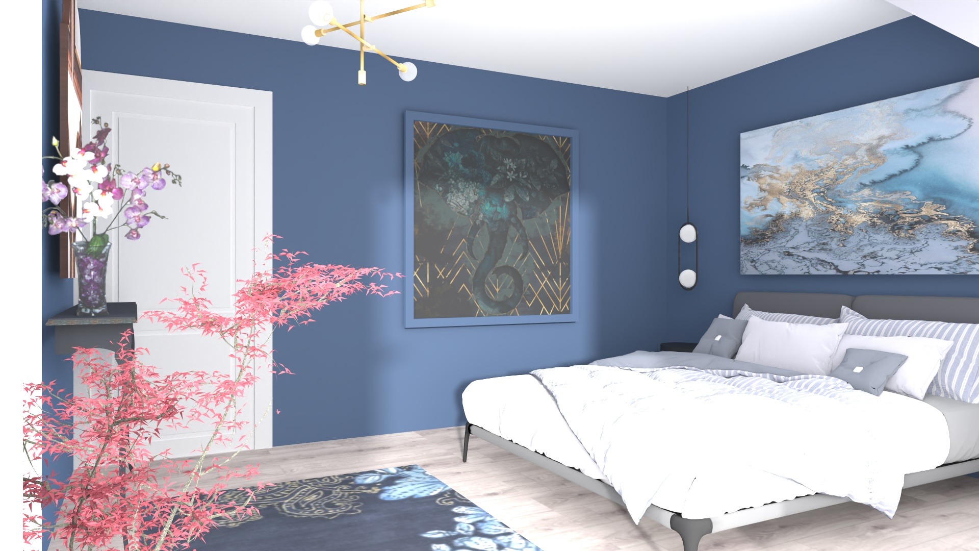 Niebieska sypialnia z łóżkiem, abstrakcyjnymi obrazami na ścianach, kwiatami w wazonie na półce i drzewkiem z różowymi liśćmi, widoczne oświetlenie sufitowe i lampa wisząca.