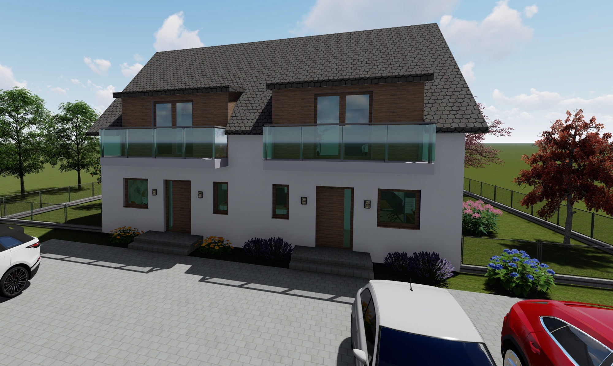 Wizualizacja dwukondygnacyjnego bliźniaka z balkonami z przezroczystymi balustradami, drewnianą elewacją na poddaszu i brukowanym podjazdem z zaparkowanymi samochodami.