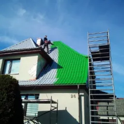 Dwóch mężczyzn na dachu domu, jeden maluje na jaskrawo zielony kolor, część dachu pozostawiona w szarym kolorze, rusztowanie obok budynku, błękitne niebo.