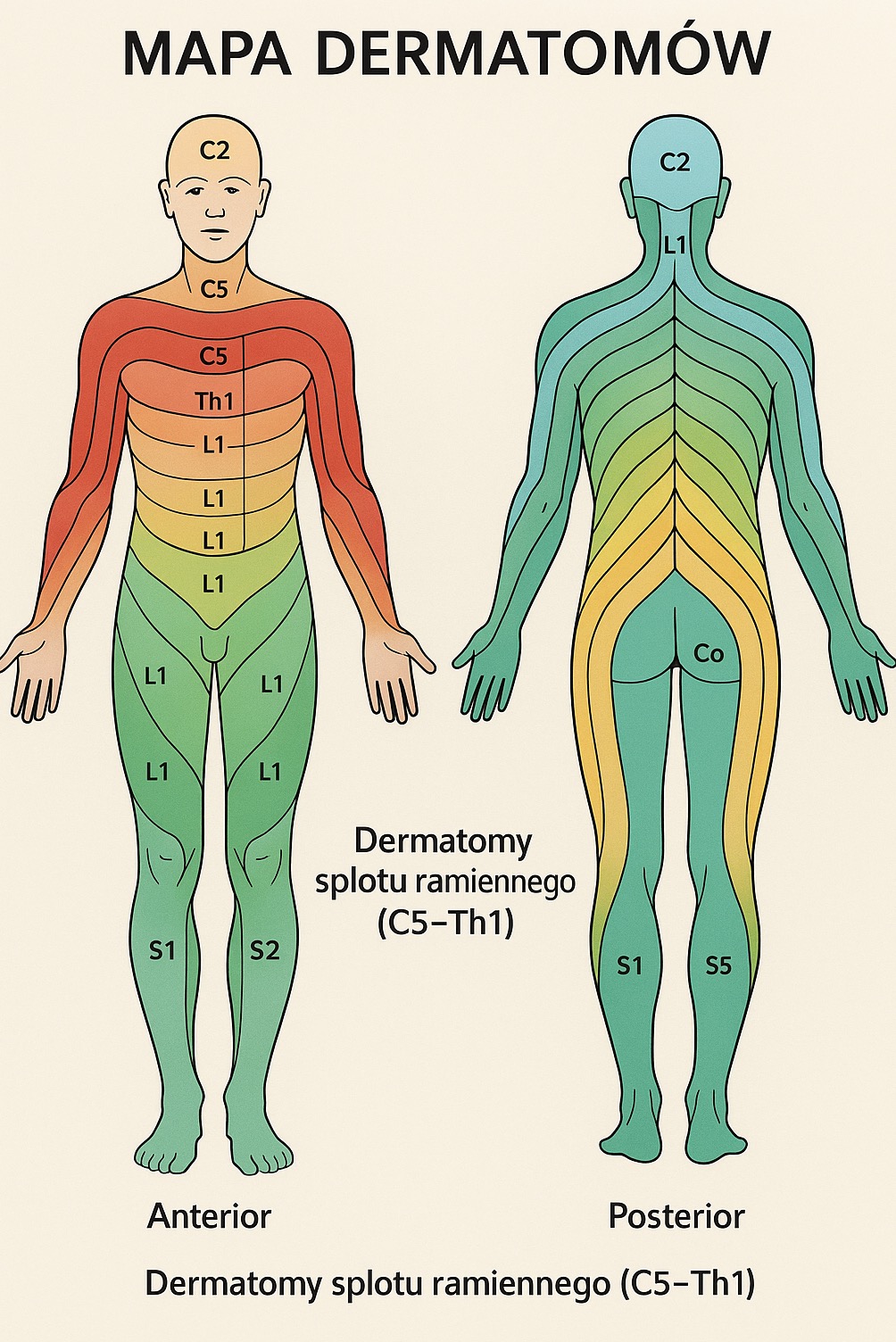 Ilustracja mapy dermatomów ludzkiego ciała, widok z przodu i z tyłu, z zaznaczonymi obszarami unerwienia nerwów rdzeniowych i obwodowych. Kolorowe segmenty.
