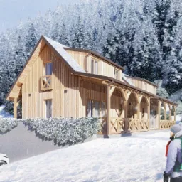 Wizualizacja drewnianego domu z werandą w zimowej scenerii, z parą turystów w tle i samochodami na parkingu, otoczonego ośnieżonym lasem.