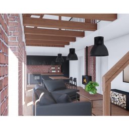 MAW Studio Aleksander Wasielewski - Wizualizacja wnętrza domu z ceglaną ścianą, drewnianymi belkami stropowymi, czarnymi lampami wiszącymi i kominkiem, sofa w odcieniach szarości, widok na kuchnię w tle.