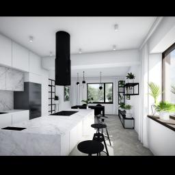 MAW Studio Aleksander Wasielewski - Wizualizacja nowoczesnej kuchni z marmurowym blatem wyspy i czarnymi hokerami, widok na jadalnię i okno z roślinami doniczkowymi.
