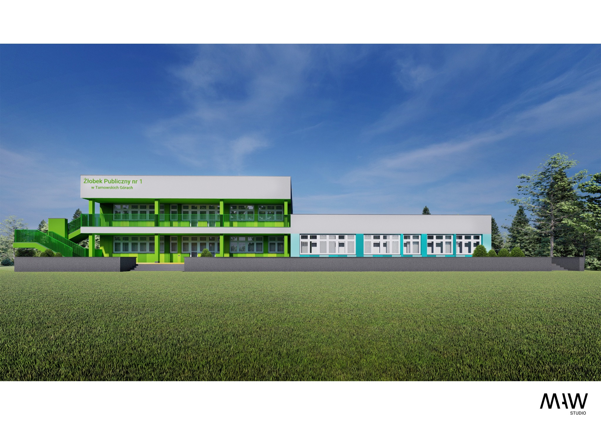 Wizualizacja budynku żłobka publicznego nr 1 w Tarnowskich Górach, z elementami w kolorze białym, zielonym i turkusowym, prezentowana na tle błękitnego nieba.