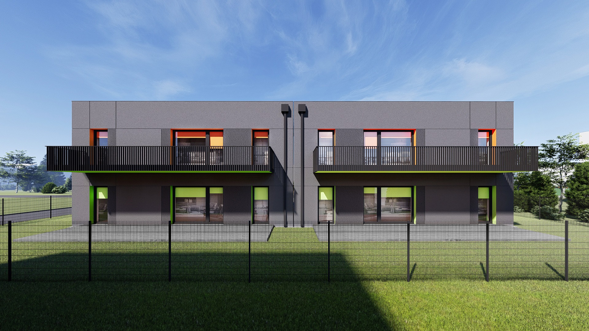 Wizualizacja dwukondygnacyjnego budynku bliźniaczego z płaskim dachem, szarą elewacją, balkonami z czarną balustradą i oknami z pomarańczowymi oraz zielonymi ramami, otoczonego trawnikiem...