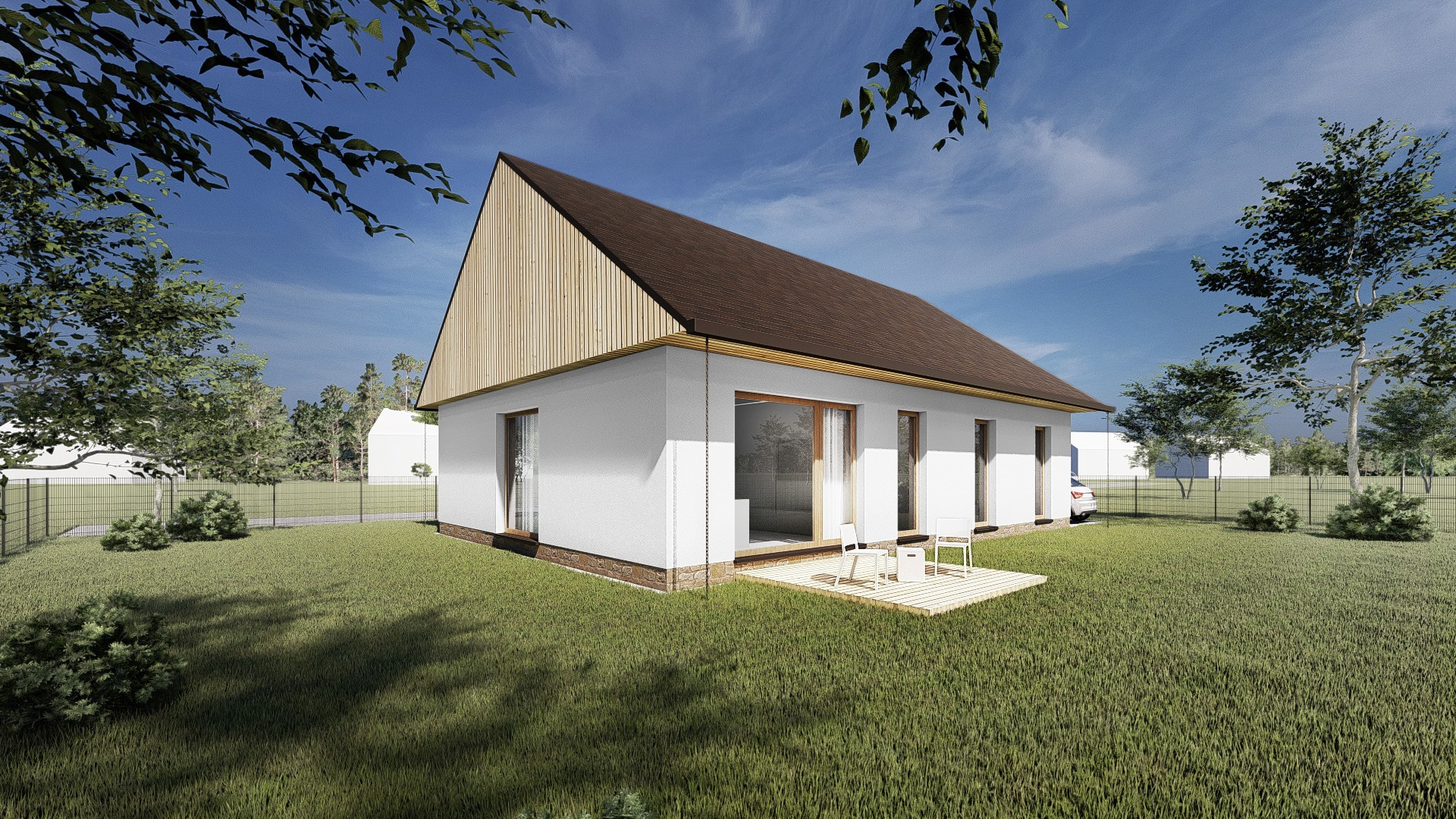 Wizualizacja parterowego domu jednorodzinnego z brązowym dachem i drewnianą elewacją szczytową, widoczny taras z dwoma krzesłami, otoczony zielonym trawnikiem i ogrodzeniem.