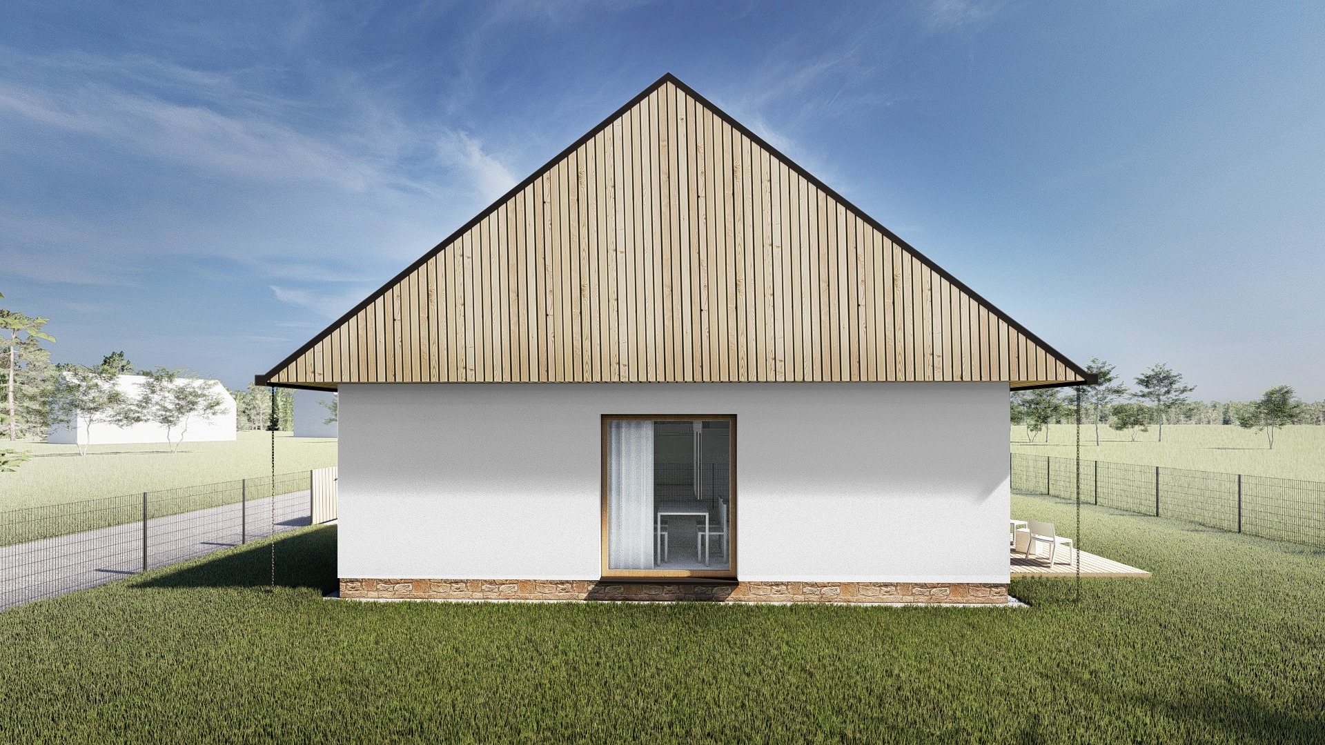 Wizualizacja domu jednorodzinnego z drewnianą elewacją szczytową, białymi ścianami i ceglaną podmurówką, widok z ogrodu w słoneczny dzień.