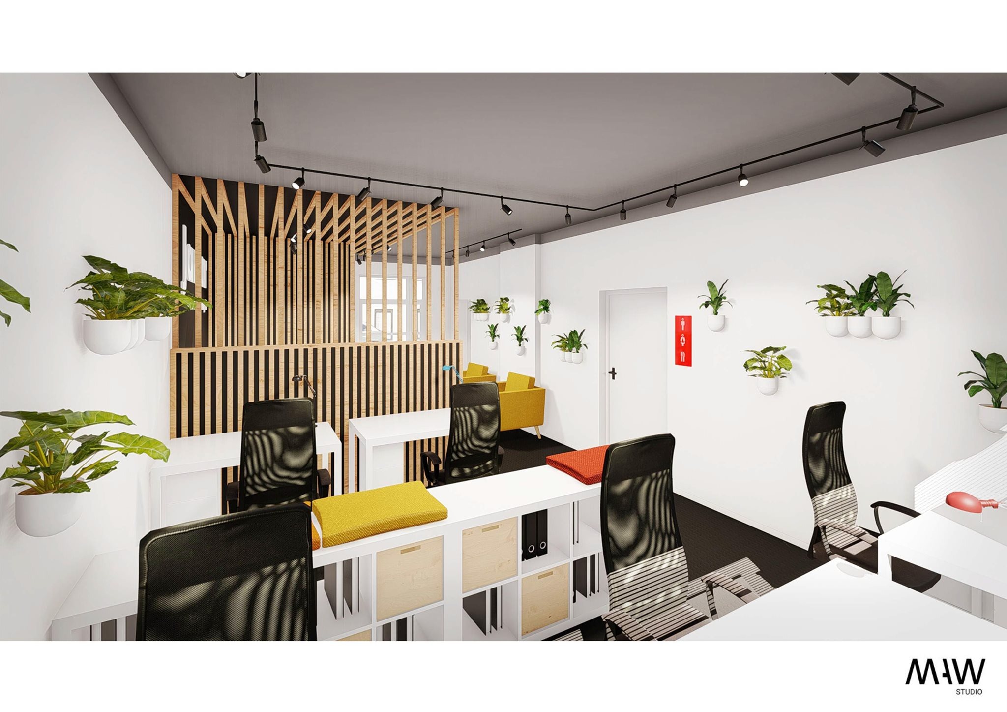 Wizualizacja nowoczesnego biura z białymi biurkami, czarnymi krzesłami siatkowymi, drewnianą ścianką działową i roślinami doniczkowymi w białych doniczkach ściennych.