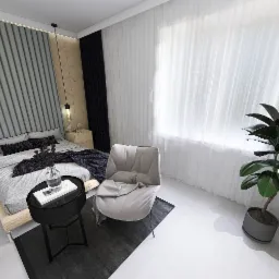 Wnętrze sypialni w neutralnych barwach z łóżkiem, stolikiem nocnym, fotelem i rośliną doniczkową, oświetlone wiszącymi lampami.