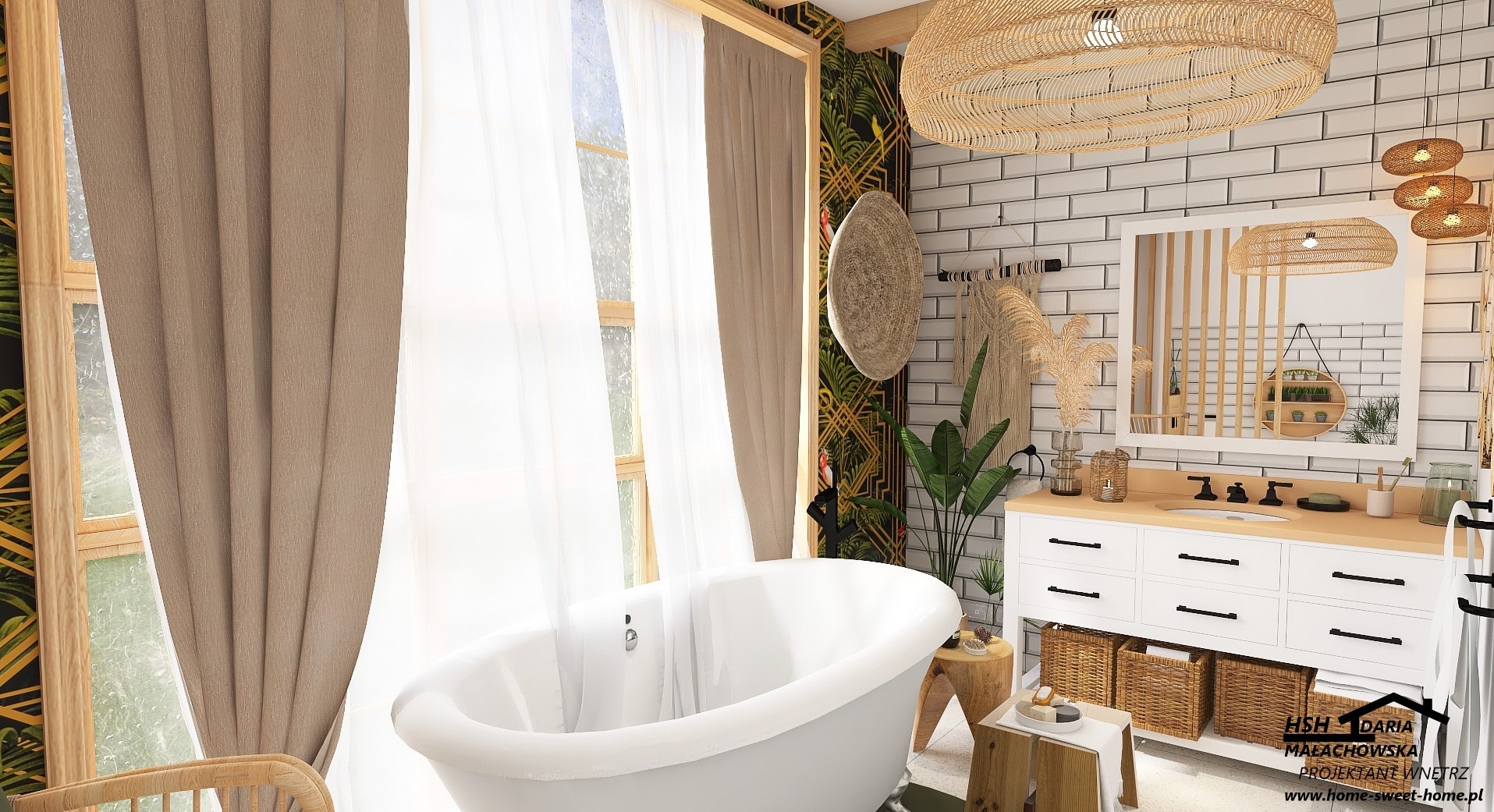 Jasna łazienka w stylu boho z wolnostojącą wanną, białymi płytkami i rattanowymi dodatkami, tropikalna tapeta w tle, naturalne światło wpadające przez okno z delikatnymi, beżowymi zasłonami.