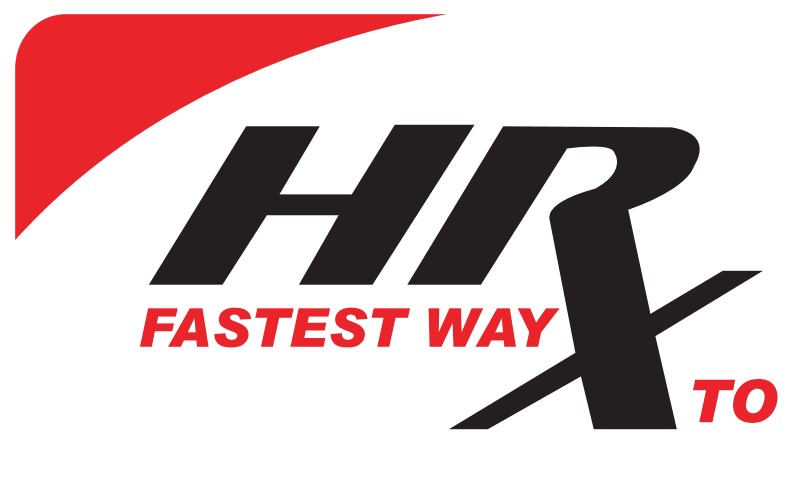 Logo firmy HRX, z napisem 'FASTEST WAY TO' w kolorze czerwonym, umieszczone na białym tle z czerwonym akcentem w górnym lewym rogu.