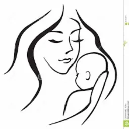 Czarno-biały, minimalistyczny rysunek przedstawiający matkę trzymającą delikatnie niemowlę. Matka ma zamknięte oczy i delikatny uśmiech, a dziecko jest zwrócone profilem. Stylizacja przypomina...