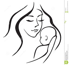 Czarno-biały, minimalistyczny rysunek przedstawiający matkę trzymającą delikatnie niemowlę. Matka ma zamknięte oczy i delikatny uśmiech, a dziecko jest zwrócone profilem. Stylizacja przypomina...