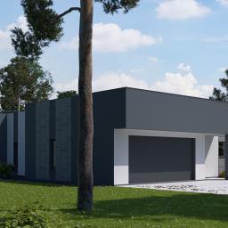 Projekt elewacji domu jednorodzinnego parterowego z płaskim dachem. Połączenie bieli, grafitu i betonu architektonicznego.