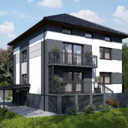Wizualizacja dwupiętrowego domu typu kostka z balkonami, w kolorach bieli i szarości, z czarnym dachem, otoczonego zielenią i drzewami pod błękitnym niebem.