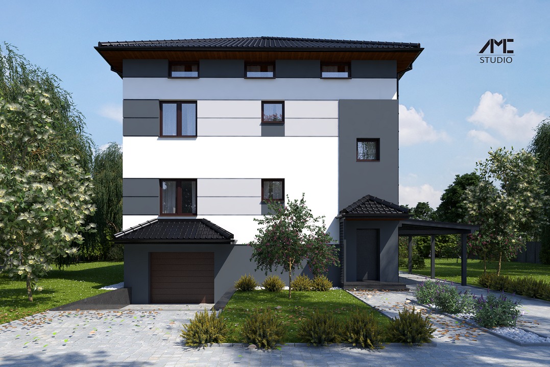 Wizualizacje elewacji domu typu 'kostka' w Zawierciu