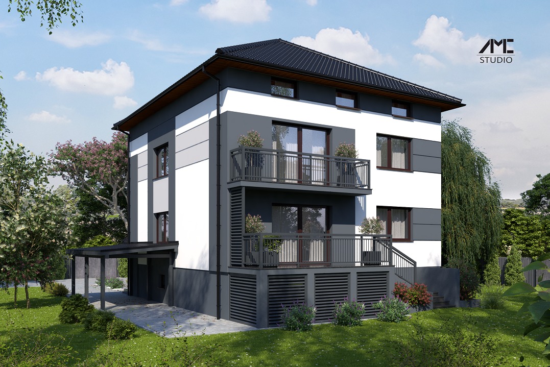 Wizualizacja dwupiętrowego domu typu kostka z balkonami, w kolorach bieli i szarości, z czarnym dachem, otoczonego zielenią i drzewami pod błękitnym niebem.