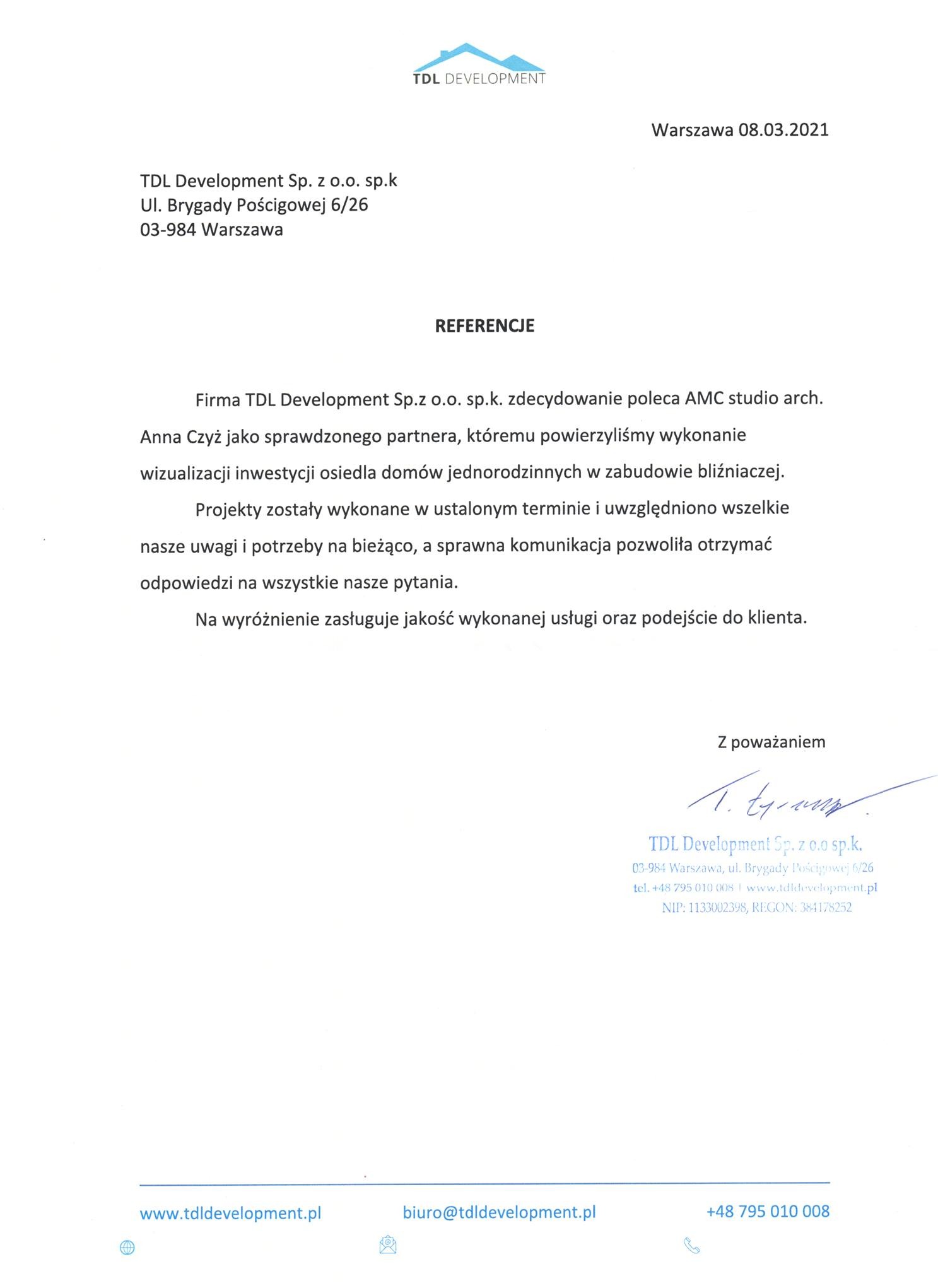 Skan dokumentu referencyjnego od TDL Development Sp. z o.o. sp.k. z Warszawy, datowany na 08.03.2021, polecający AMC studio arch. za wizualizacje osiedla domów jednorodzinnych.
