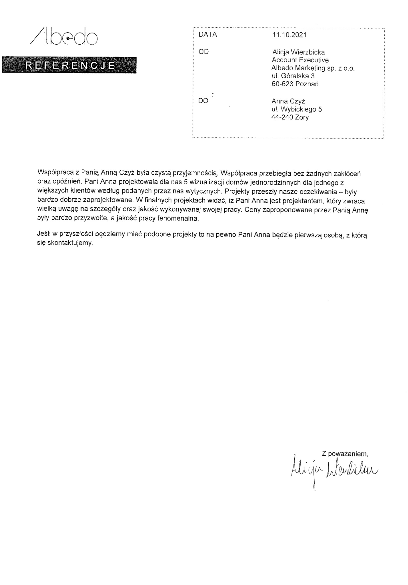 Skan referencji od Albedo Marketing sp. z o.o. dla Anny Czyż, projektantki, potwierdzający udaną współpracę przy wizualizacjach domów jednorodzinnych.