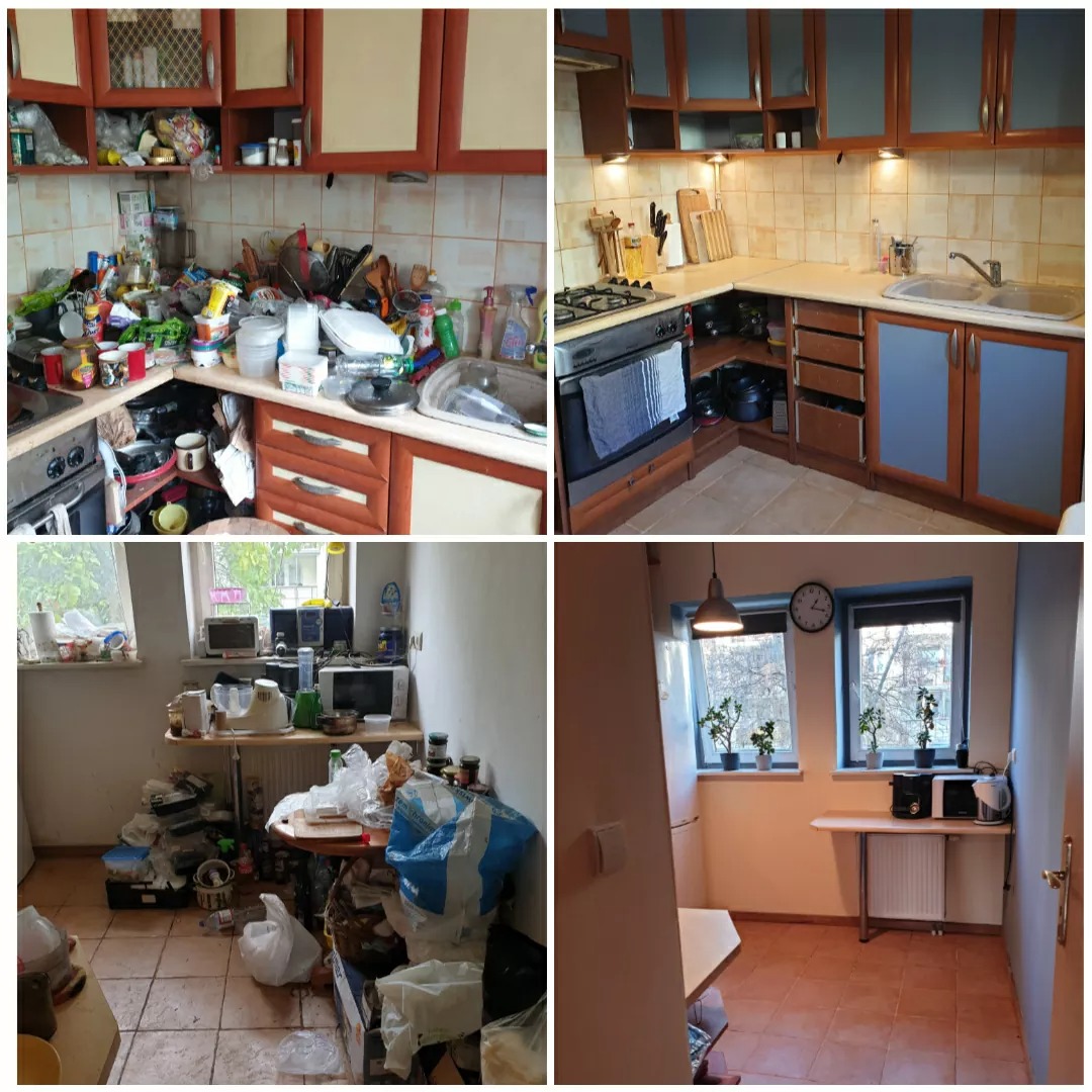 Kolaż przedstawiający dwie kuchnie przed i po sprzątaniu i uporządkowaniu: jedna z drewnianymi szafkami i beżowymi frontami, druga z białymi ścianami i brązową podłogą.