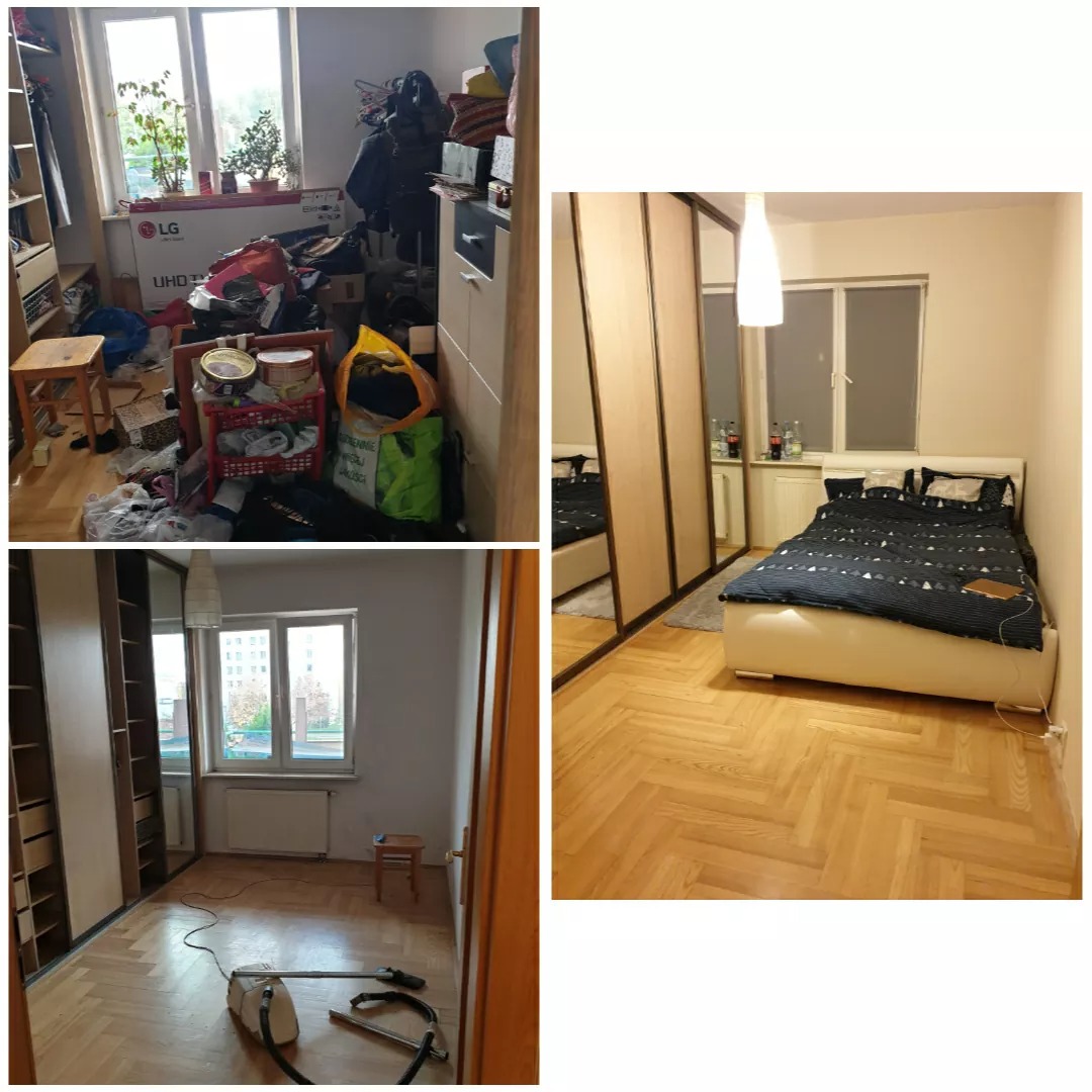 Kolaż przedstawiający pokój przed i po remoncie w Warszawie: bałagan przed i uporządkowana sypialnia po, z widoczną podłogą w jodełkę.