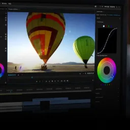 Ekran komputera z otwartym programem do edycji wideo, wyświetlającym scenę z dwoma balonami na pustyni i narzędzia do korekcji kolorów.