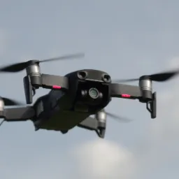 Czarny dron Mavic Air w locie na tle jasnego, pochmurnego nieba. Widoczne obracające się śmigła, kamera i czerwone diody.