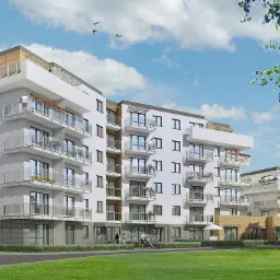 Wizualizacja nowoczesnego, wielopiętrowego budynku mieszkalnego z balkonami i tarasami, otoczonego zielenią i błękitnym niebem z chmurami.