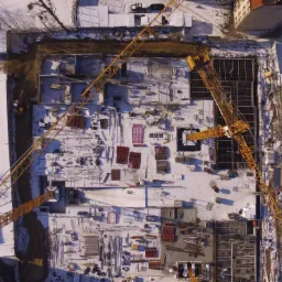 Widok z góry na zasypany śniegiem plac budowy z trzema żurawiami wieżowymi, widoczne fundamenty i konstrukcje zbrojeniowe w wykopie.