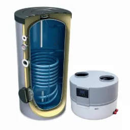 Przekrój pompy ciepła typu monoblok z widoczną spiralą wymiennika ciepła i jednostką zewnętrzną z dwoma otworami wentylacyjnymi, na białym tle.