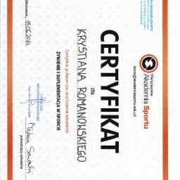 Skan certyfikatu ukończenia szkolenia 'Żywienie i suplementacja w sporcie' wydanego przez Warszawską Akademię Sportu dla Krystiana Romanowskiego, data wystawienia 15.06.2014.