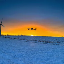 Dron w locie na tle zimowego krajobrazu o zachodzie słońca, w tle widoczna turbina wiatrowa i budynki z dymiącymi kominami.