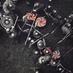 Four Winds - Z lotu ptaka: rekonstrukcja bitwy historycznej z wojownikami w hełmach, z włóczniami i tarczami z unikalnymi wzorami na trawiastym polu. Scena dynamiczna, stylizowana na epokę.