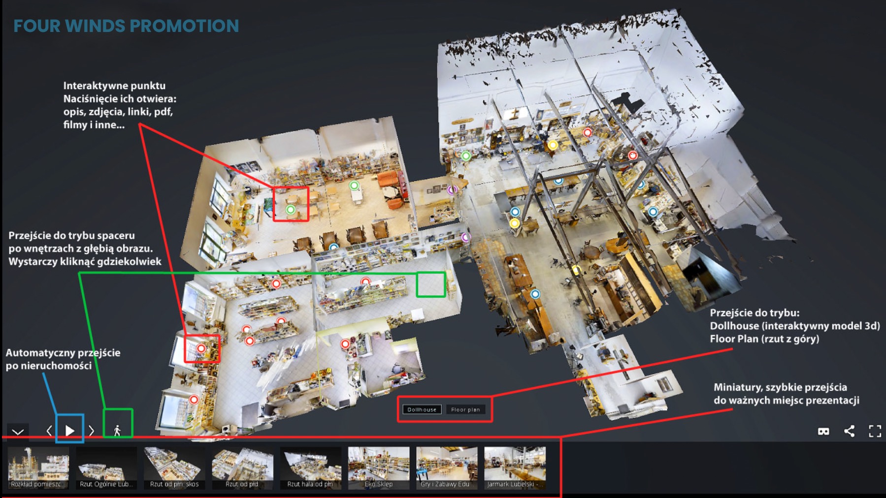 Interaktywny skan 3D wnętrza sklepu z zaznaczonymi punktami interakcji, widok z góry, prezentacja w trybie 'Dollhouse'.